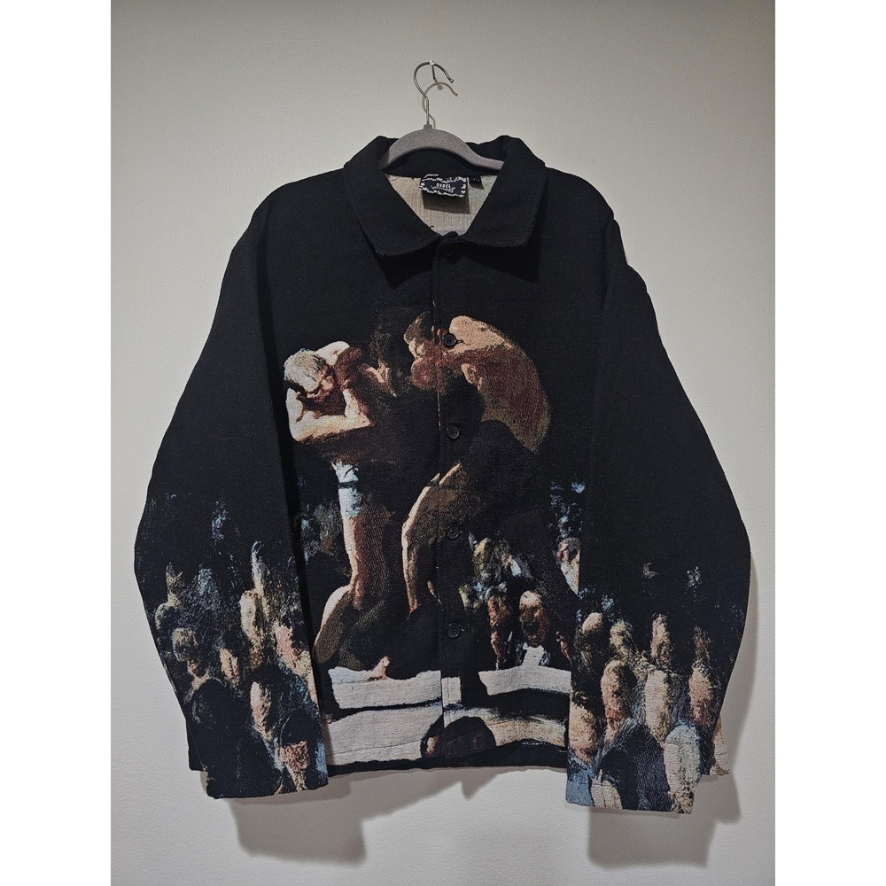 Rebel Vengeance Large Black Boxing Tapestry Graphic Button Up Long Sleeve Jacket